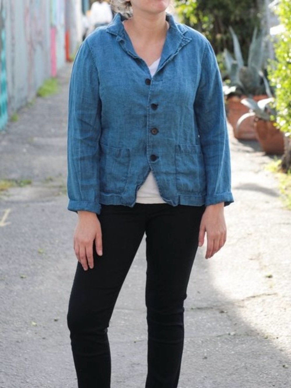 CP Shades Heavy Weight 100% Linen Jacket Button Front Collared Indigo Sz S